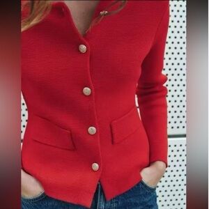 Zara Red Nautical Cardigan Sweater Brass Buttons Small